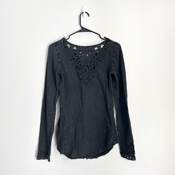 Free People Black Color Blue Luna Cutout Henley Long Sleeve Blouse Top - Picture 4 of 11